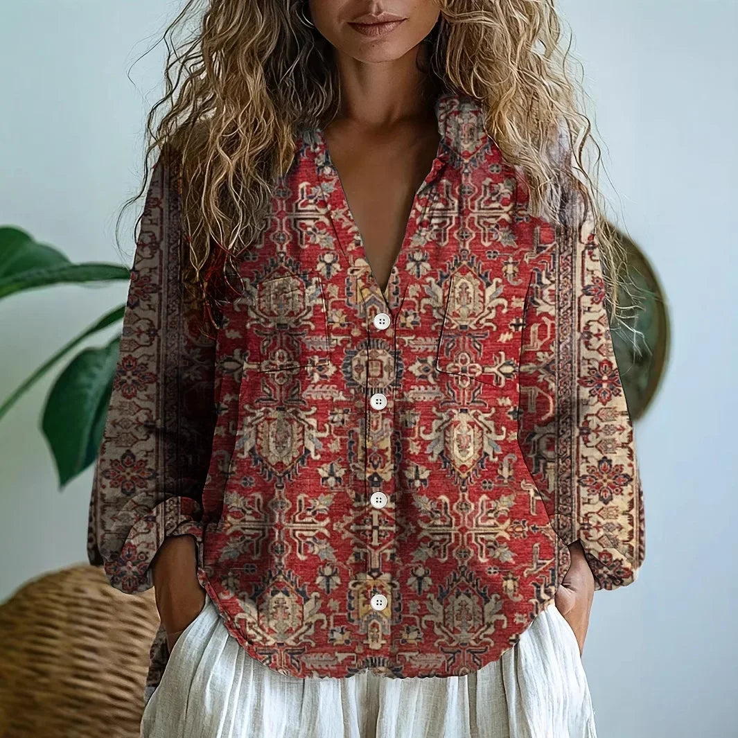 Printed V-Neck Long Sleeve Relaxed Fit Blouse