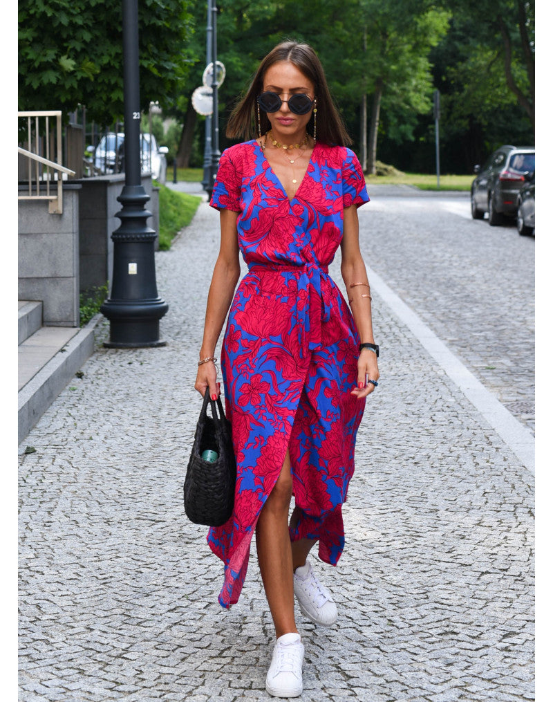 Floral Midi Wrap Dress for Women - V-Neck Lightweight Breathable Summer Dress