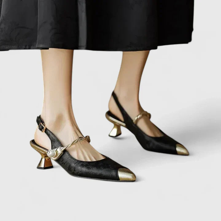 Pearl Strap Block Heel Pumps with Jacquard Texture