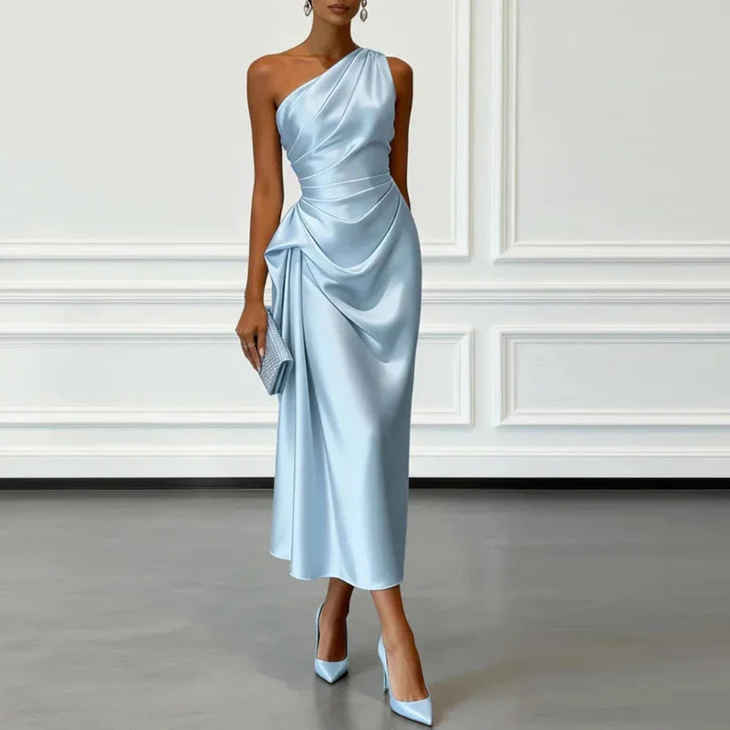 Asymmetric Neckline Satin Midi Dress for Special Occasions