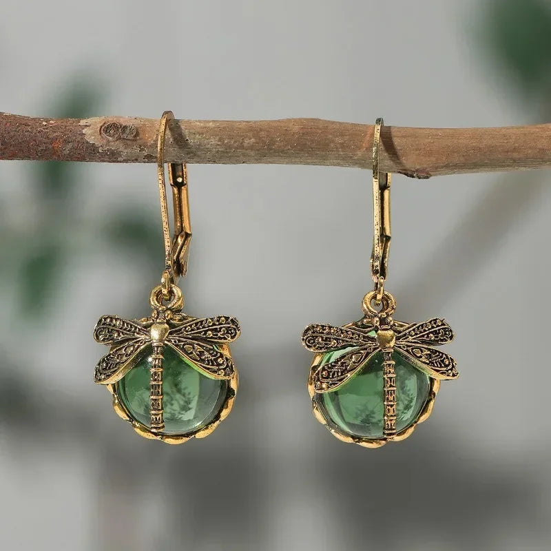 Dragonfly Antique Drop Earrings with Enamel Detail