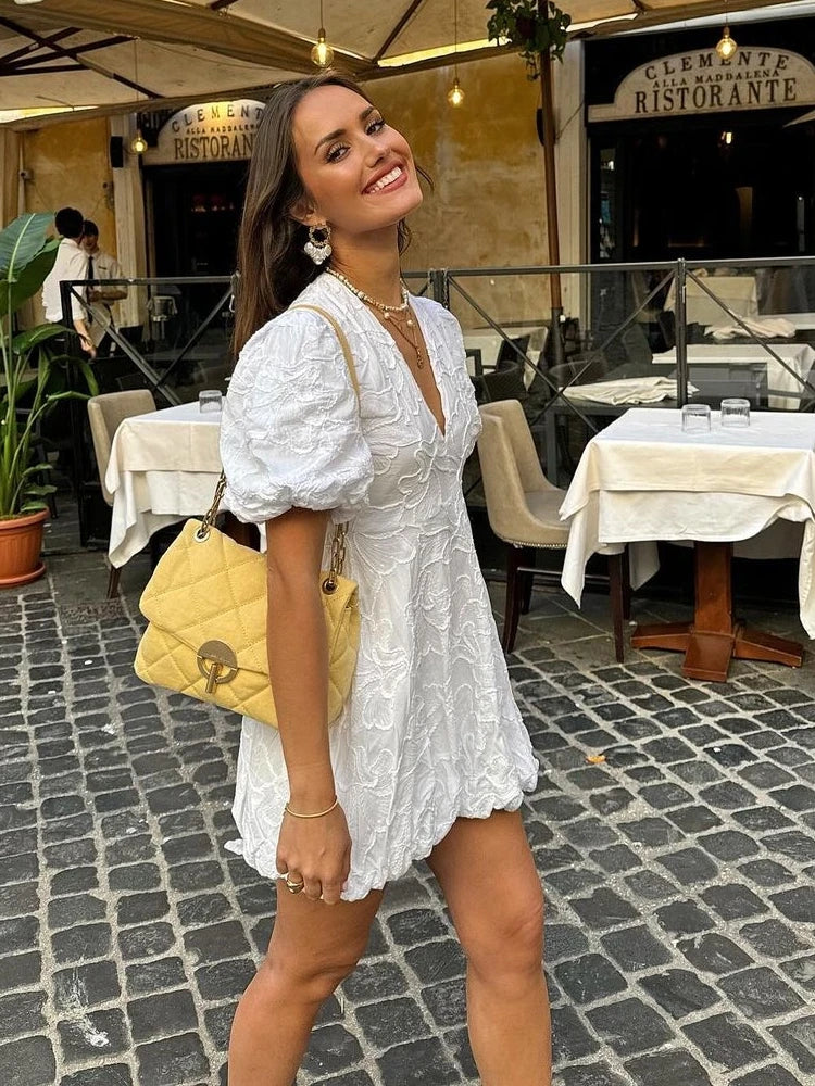 White Embroidered Ruffle Mini Dress