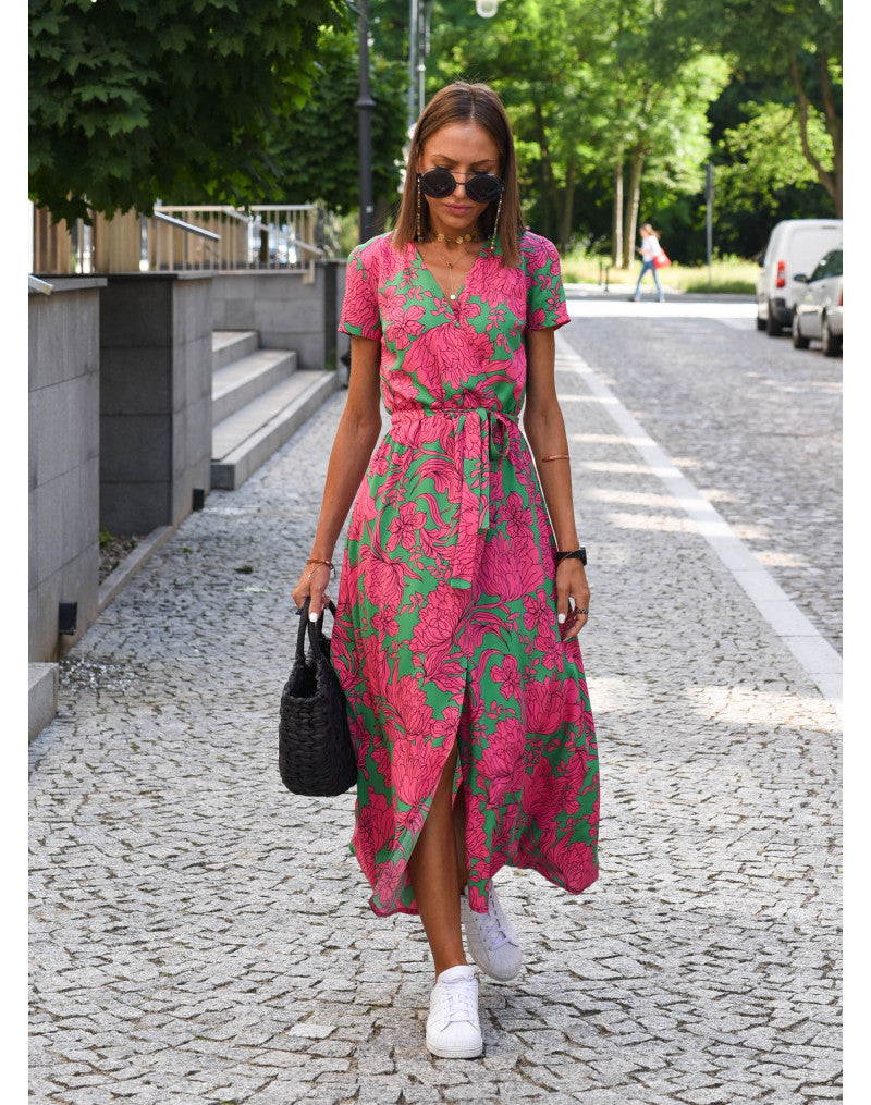 Floral Midi Wrap Dress for Women - V-Neck Lightweight Breathable Summer Dress