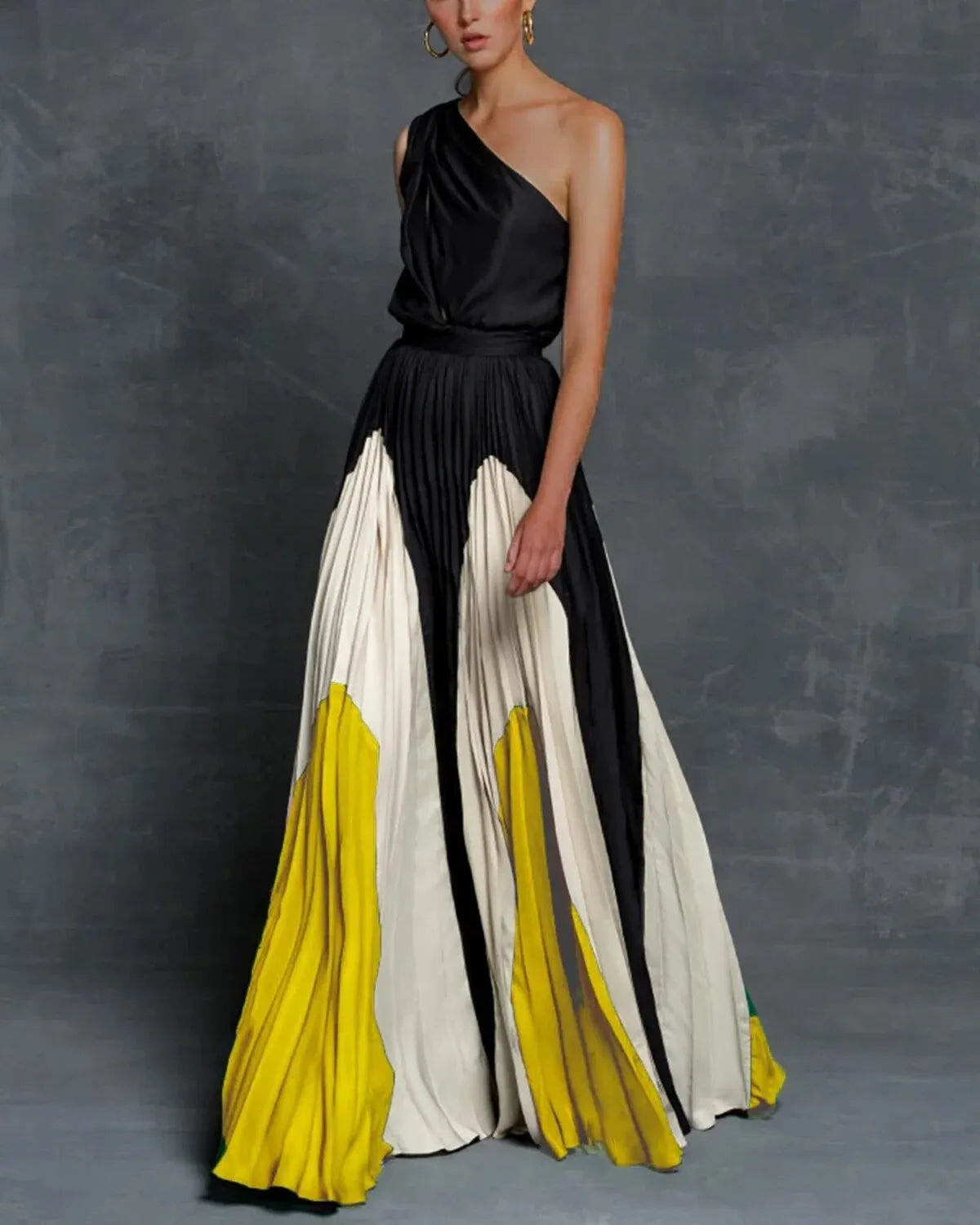 One-Shoulder Colour Block Maxi Dress – Flared Skirt – Statement Design