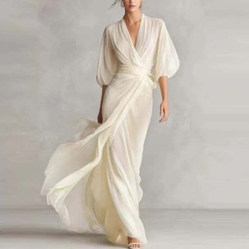 Deep V-Neck Batwing Sleeve Chiffon Maxi Dress
