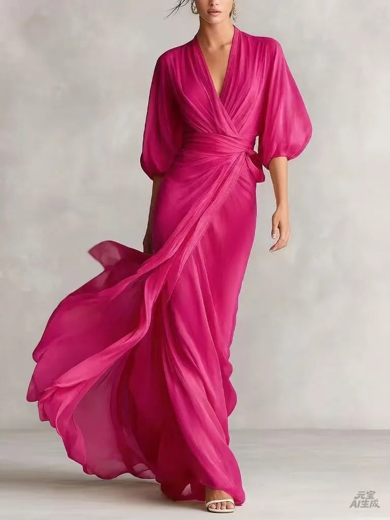 Deep V-Neck Batwing Sleeve Chiffon Maxi Dress