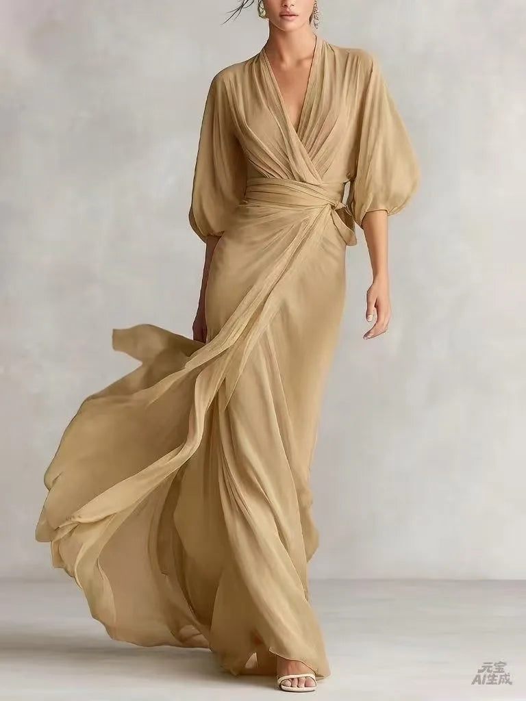 Deep V-Neck Batwing Sleeve Chiffon Maxi Dress