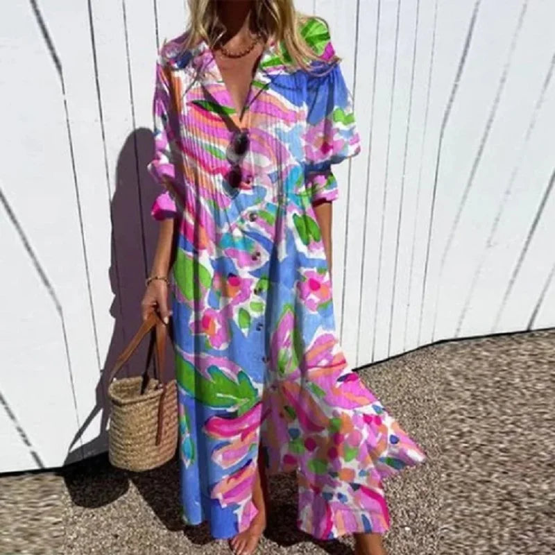 Floral V-Neck Maxi Dress With Long Sleeves