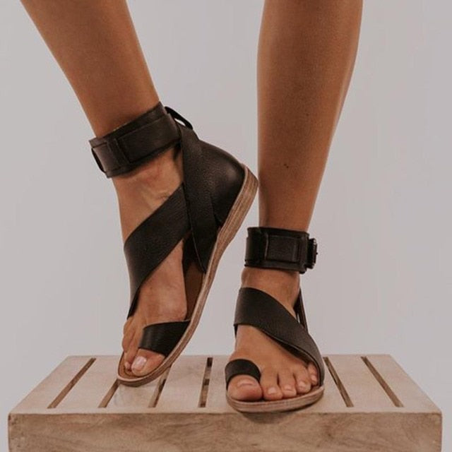 Crossed Ankle Strap Toe Ring Sandals