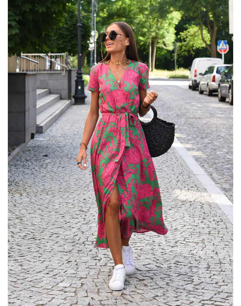 Floral Midi Wrap Dress for Women - V-Neck Lightweight Breathable Summer Dress