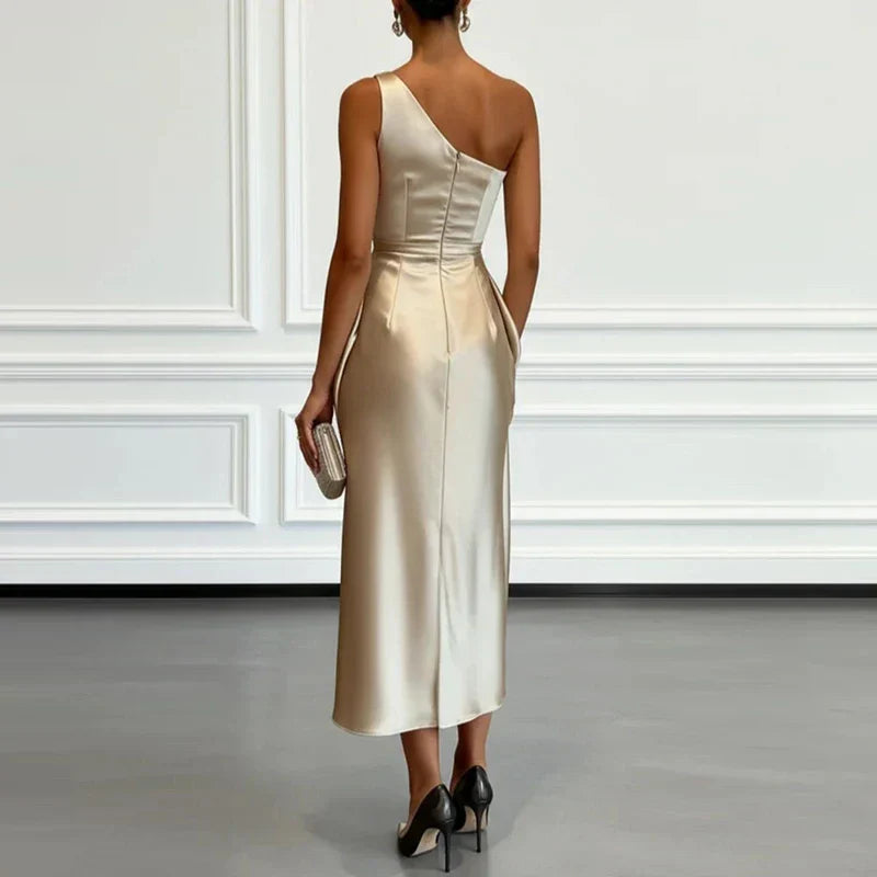 Asymmetric Neckline Satin Midi Dress for Special Occasions