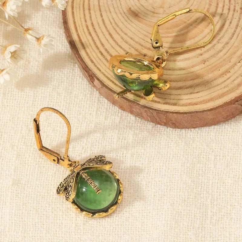 Dragonfly Antique Drop Earrings with Enamel Detail
