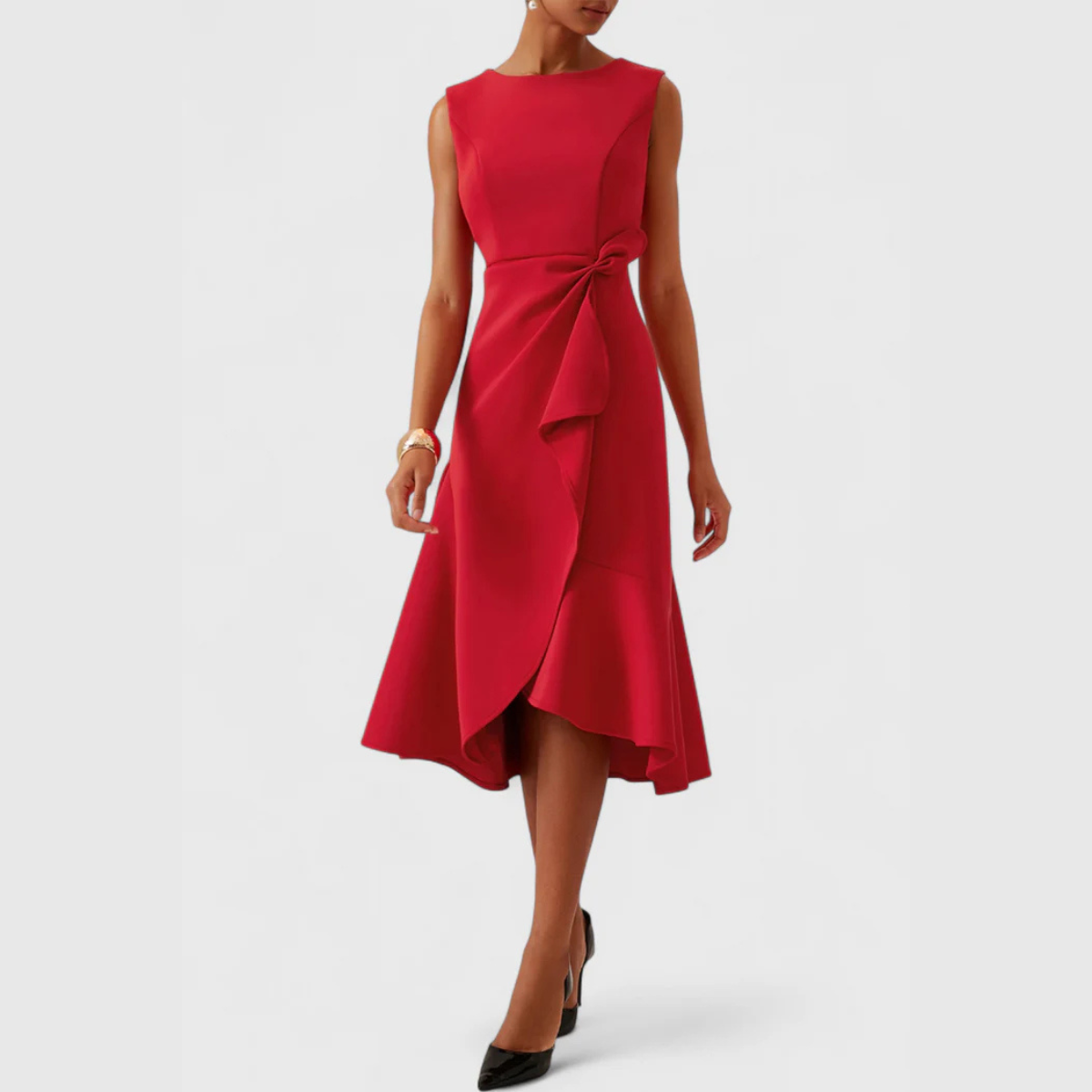 Asymmetric Draped Hem Sleeveless Midi Dress