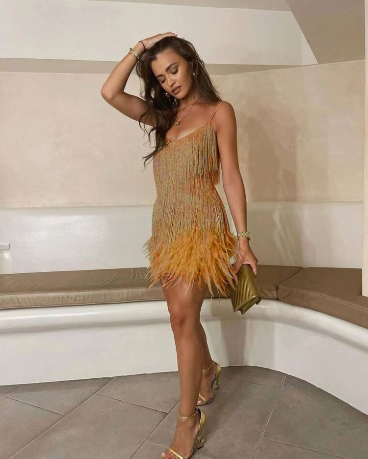 Sequin Cocktail Dress With Feather Hem and Spaghetti Straps