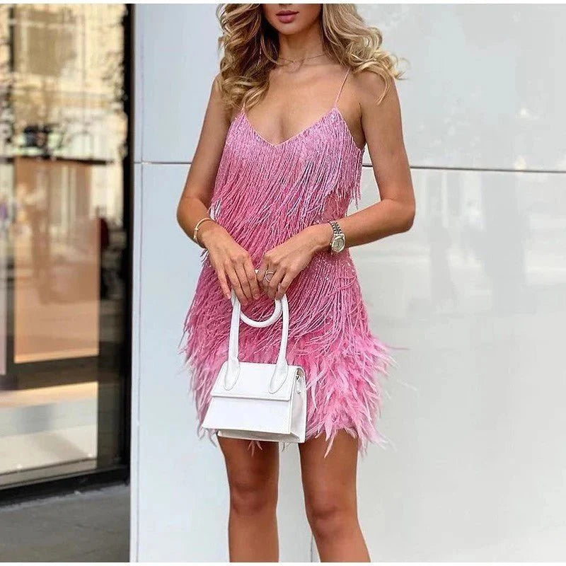 Sequin Cocktail Dress With Feather Hem and Spaghetti Straps
