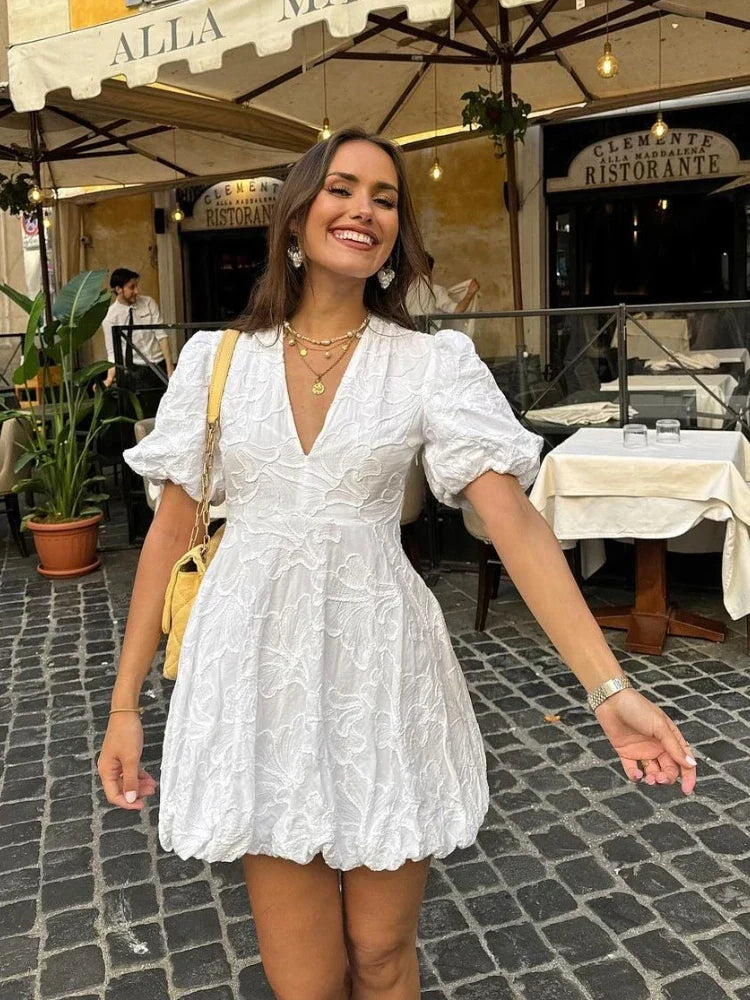 White Embroidered Ruffle Mini Dress