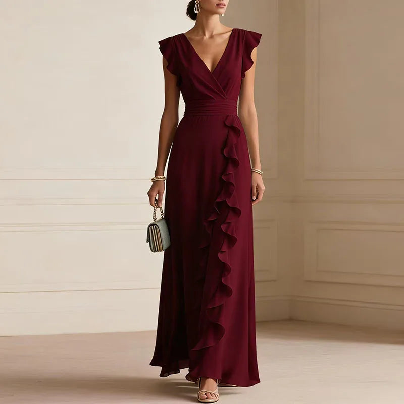 Deep V-Neck Ruffle Trim Maxi Dress