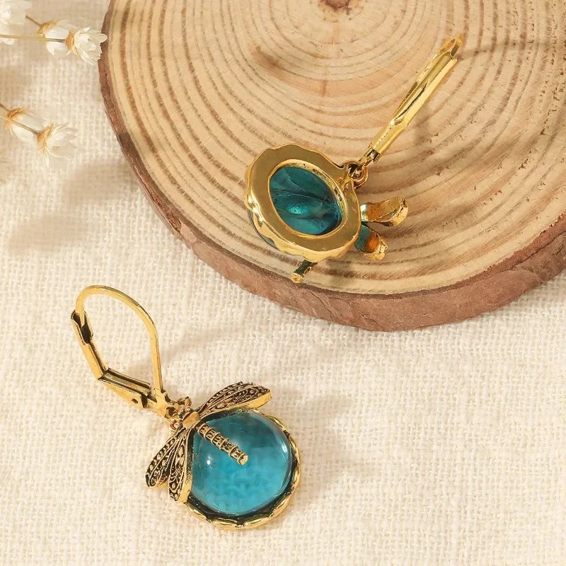 Dragonfly Antique Drop Earrings with Enamel Detail