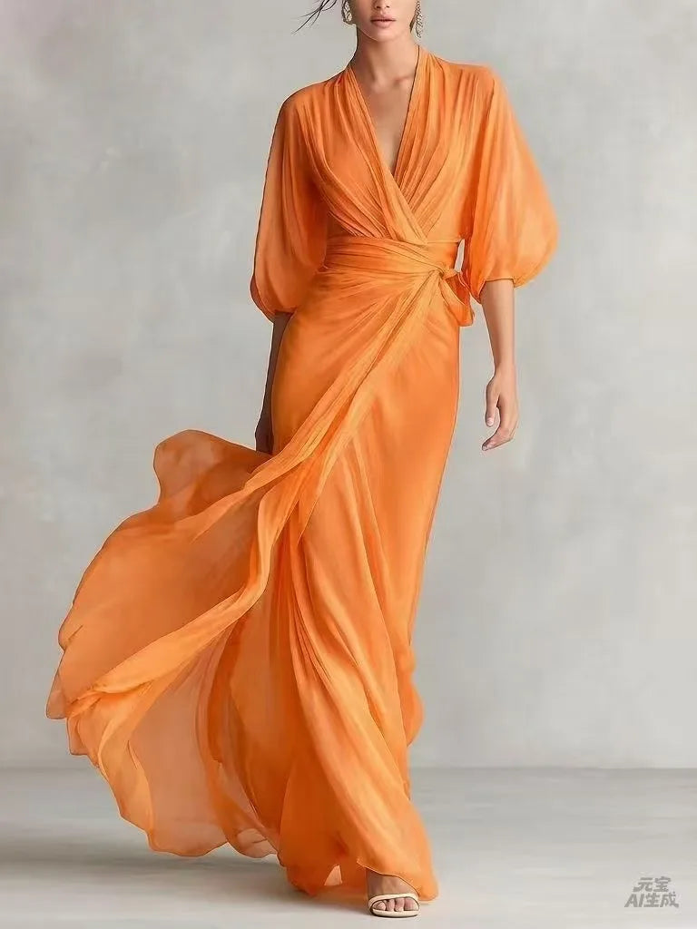 Deep V-Neck Batwing Sleeve Chiffon Maxi Dress
