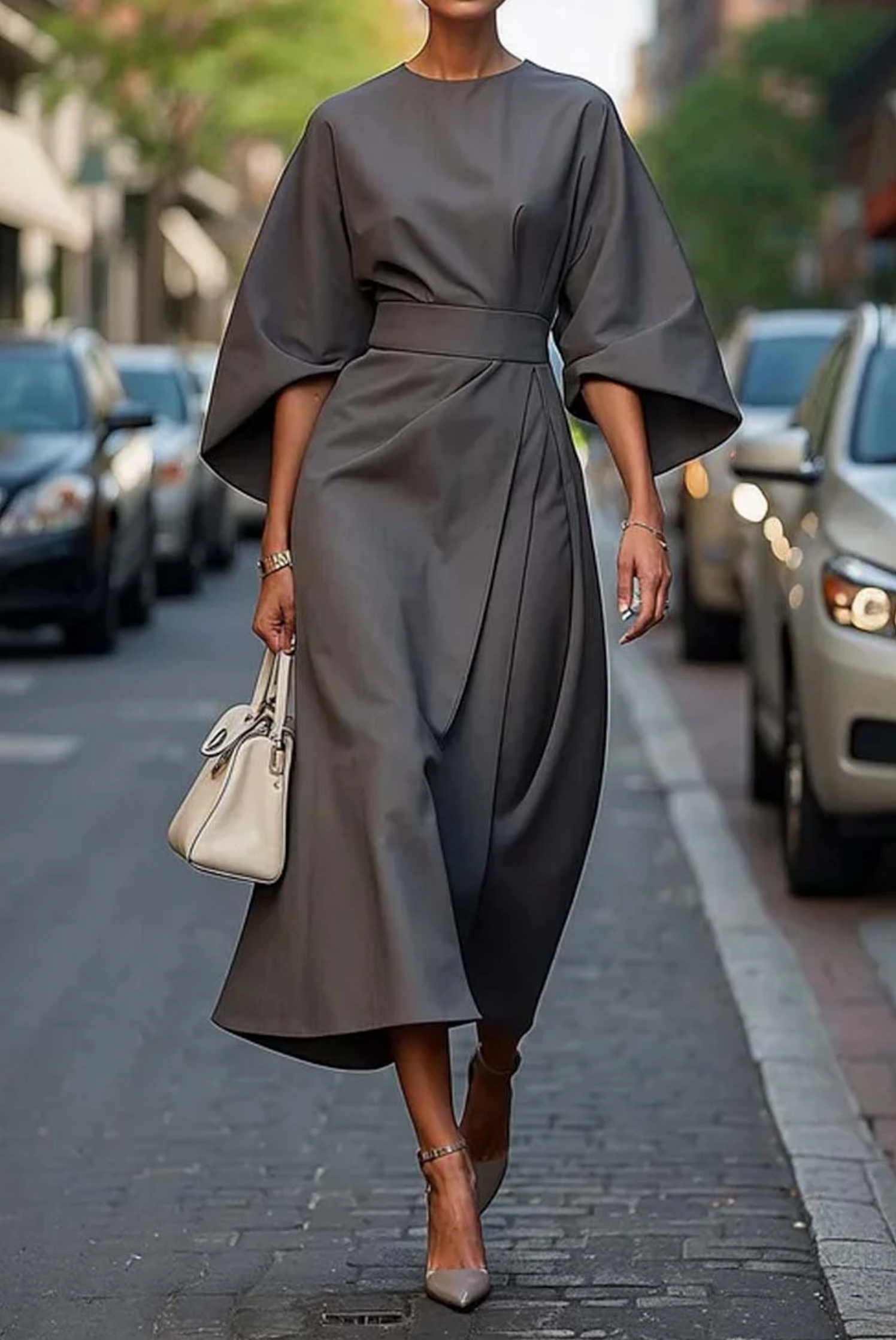 Lantern Sleeve Fitted Evening Maxi Dress