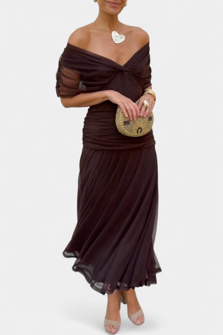 Ruched V-Neck Flowy Maxi Dress