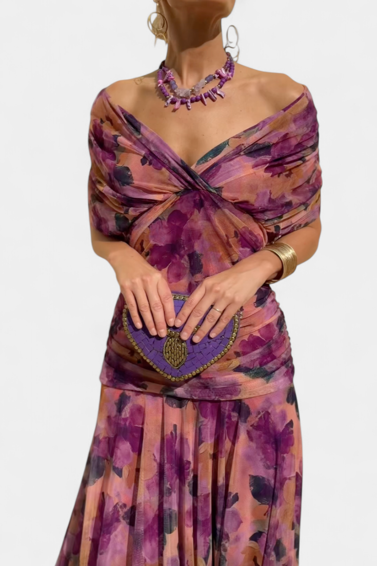Ruched V-Neck Flowy Maxi Dress