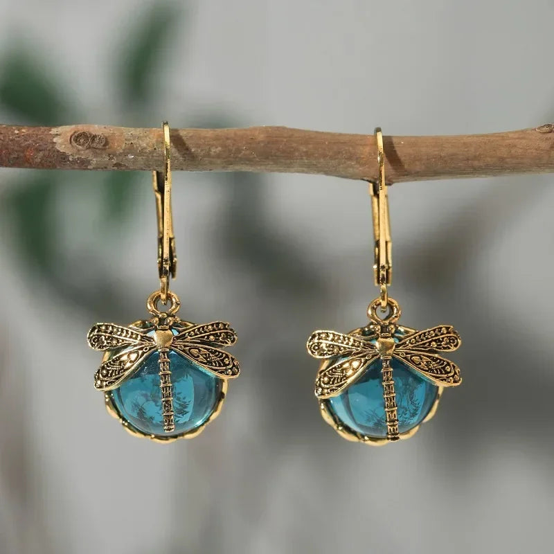 Dragonfly Antique Drop Earrings with Enamel Detail