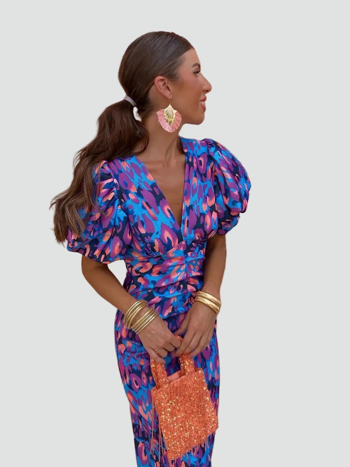 Puff Sleeve Deep V-Neck Midi Dress Floral Print