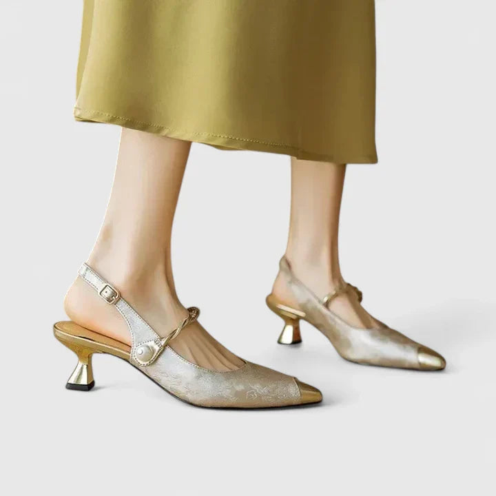 Pearl Strap Block Heel Pumps with Jacquard Texture