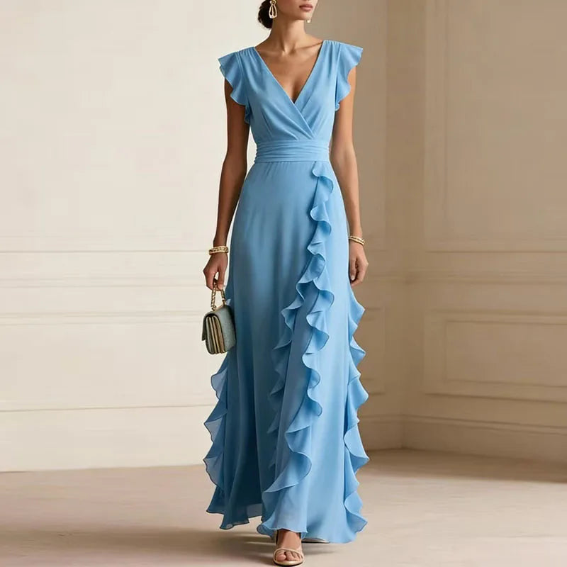 Deep V-Neck Ruffle Trim Maxi Dress