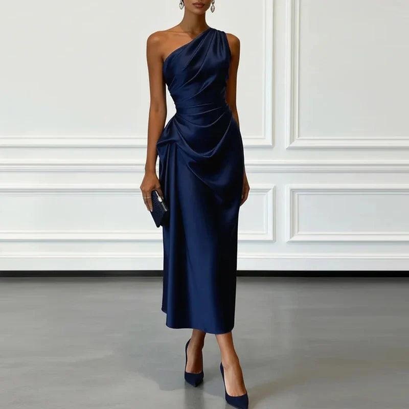 Asymmetric Neckline Satin Midi Dress for Special Occasions