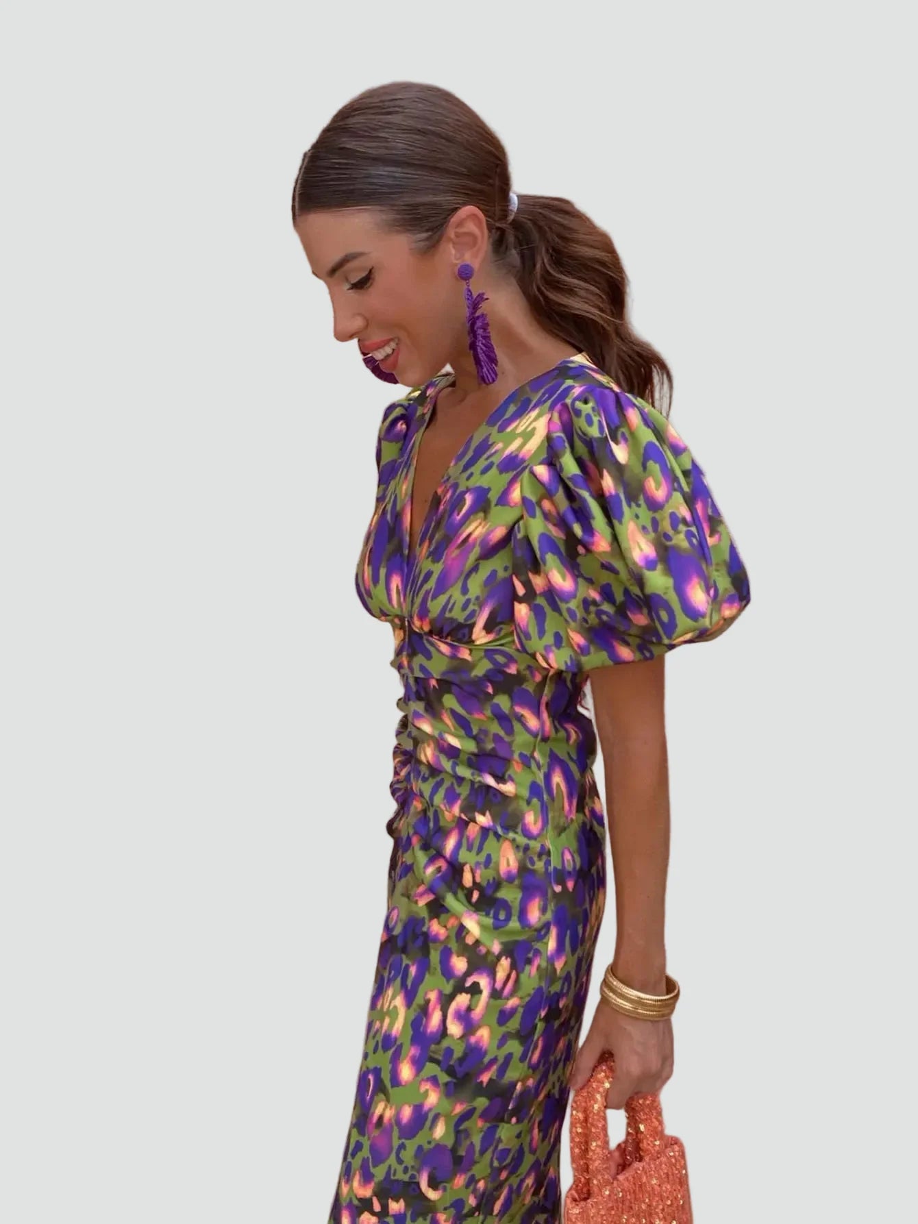 Puff Sleeve Deep V-Neck Midi Dress Floral Print