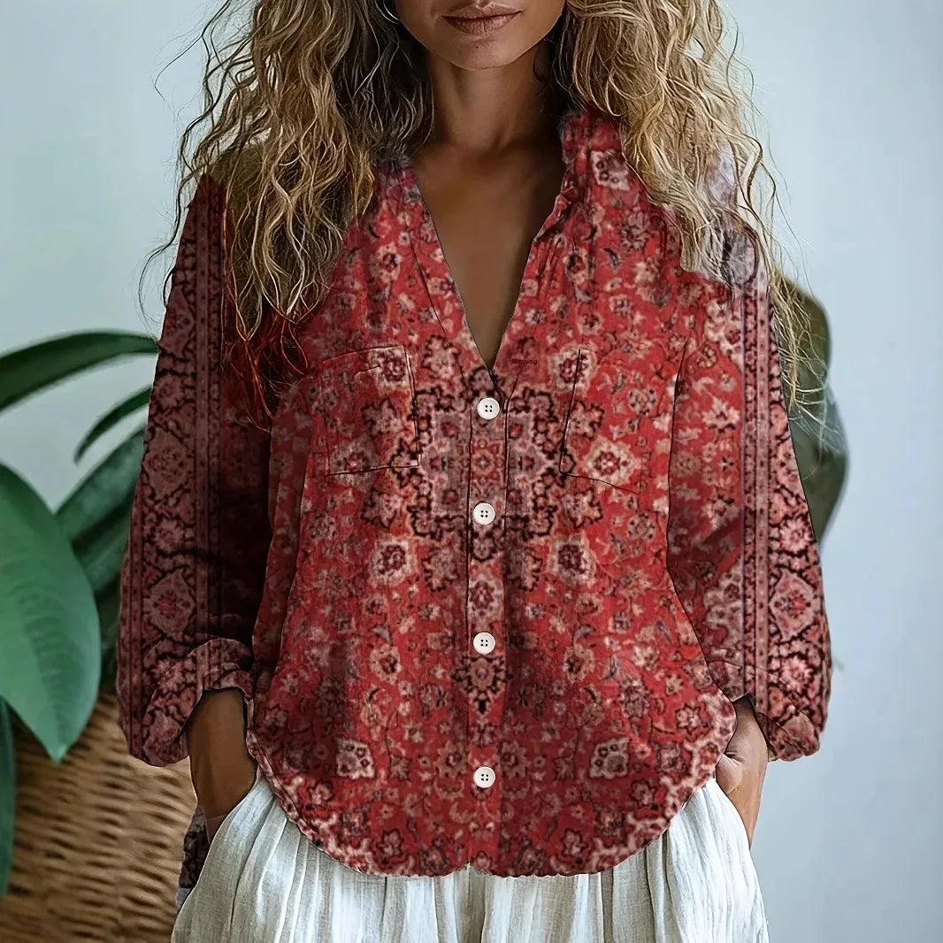 Printed V-Neck Long Sleeve Relaxed Fit Blouse