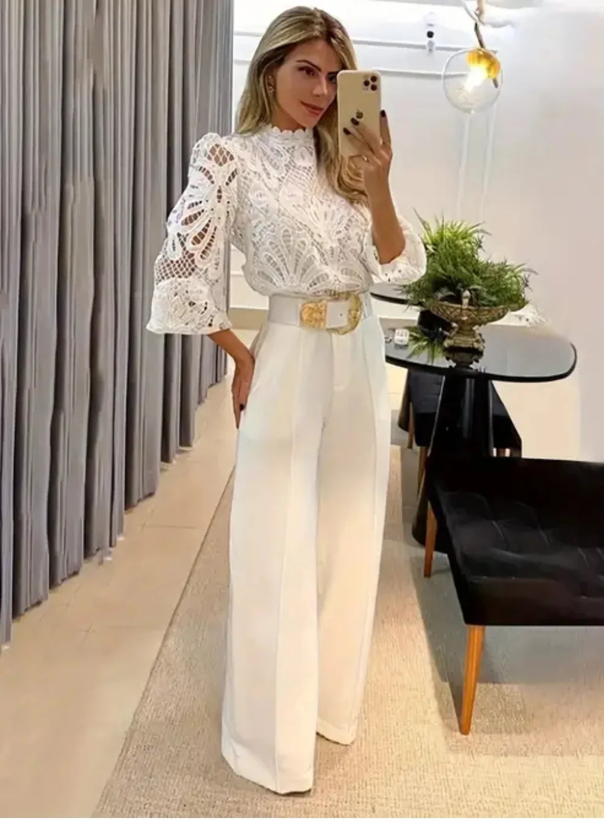 Lace Blouse and Wide Leg Trouser Two Piece Suit