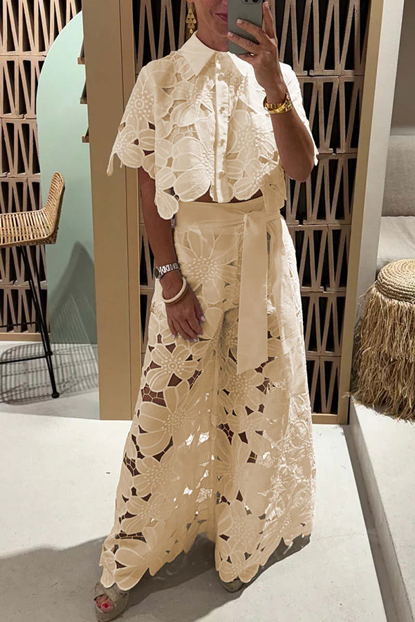 Eyelet Ruffle Sleeve Two-Piece Set