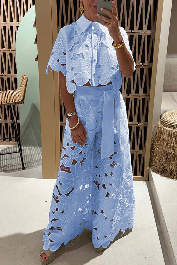 Eyelet Ruffle Sleeve Two-Piece Set