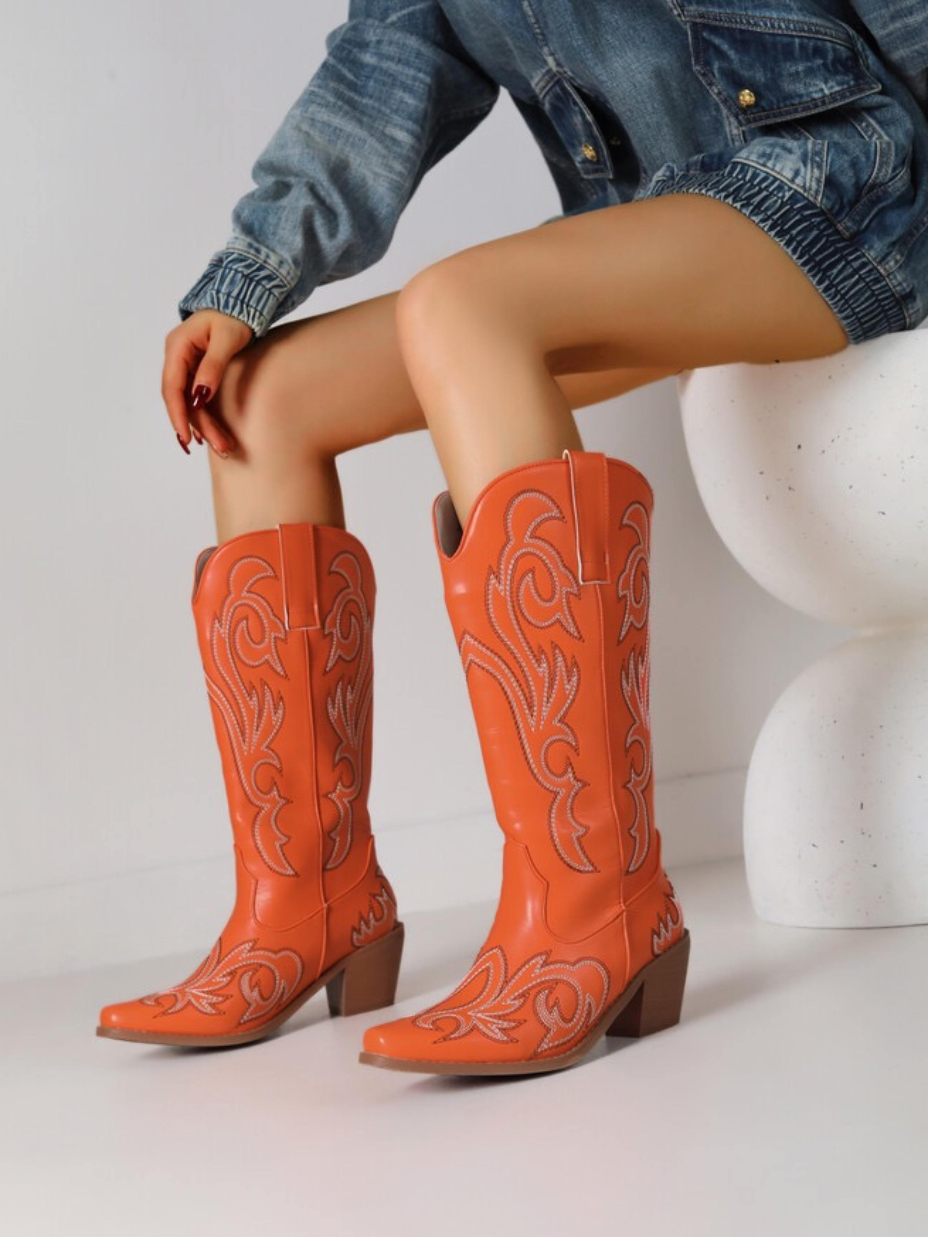 Floral Long Shaft Cowgirl Boots in Orange for Women