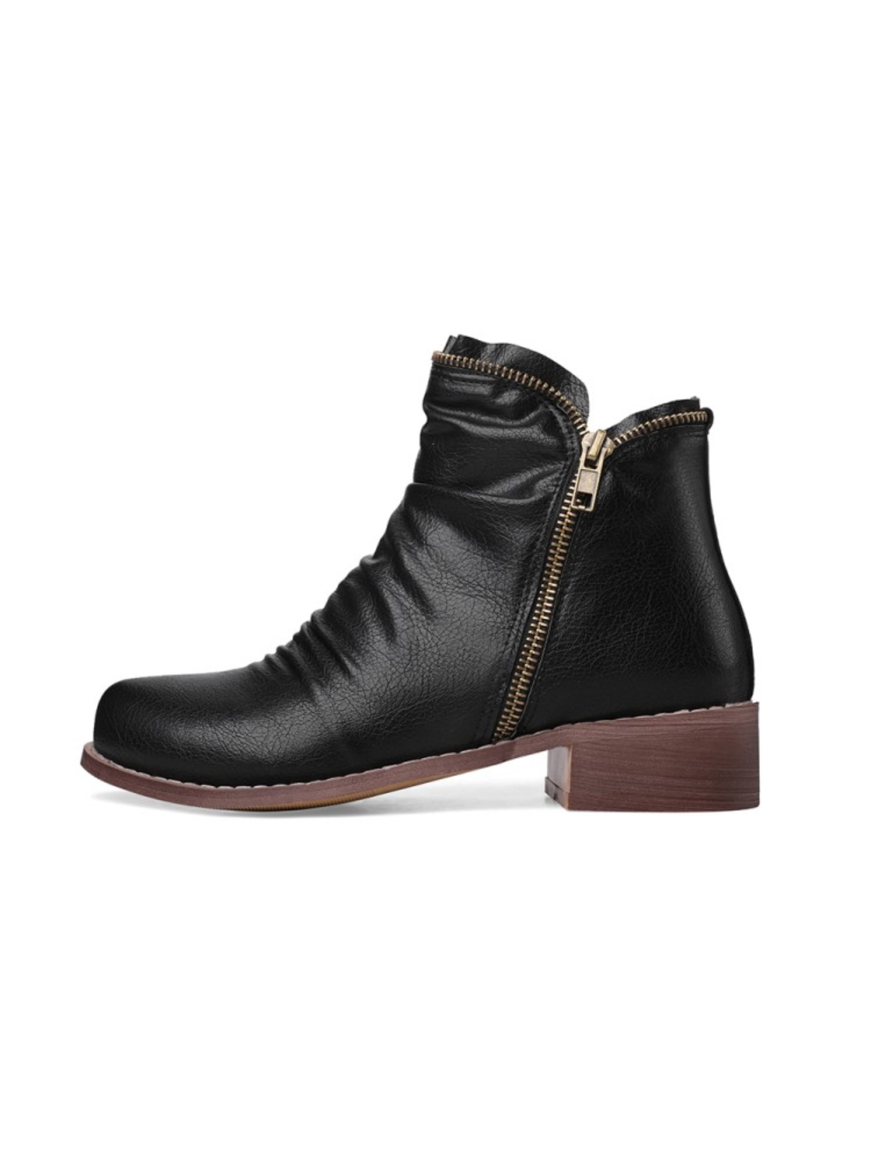 Wrinkled Low Heel Double Zip Western Boots
