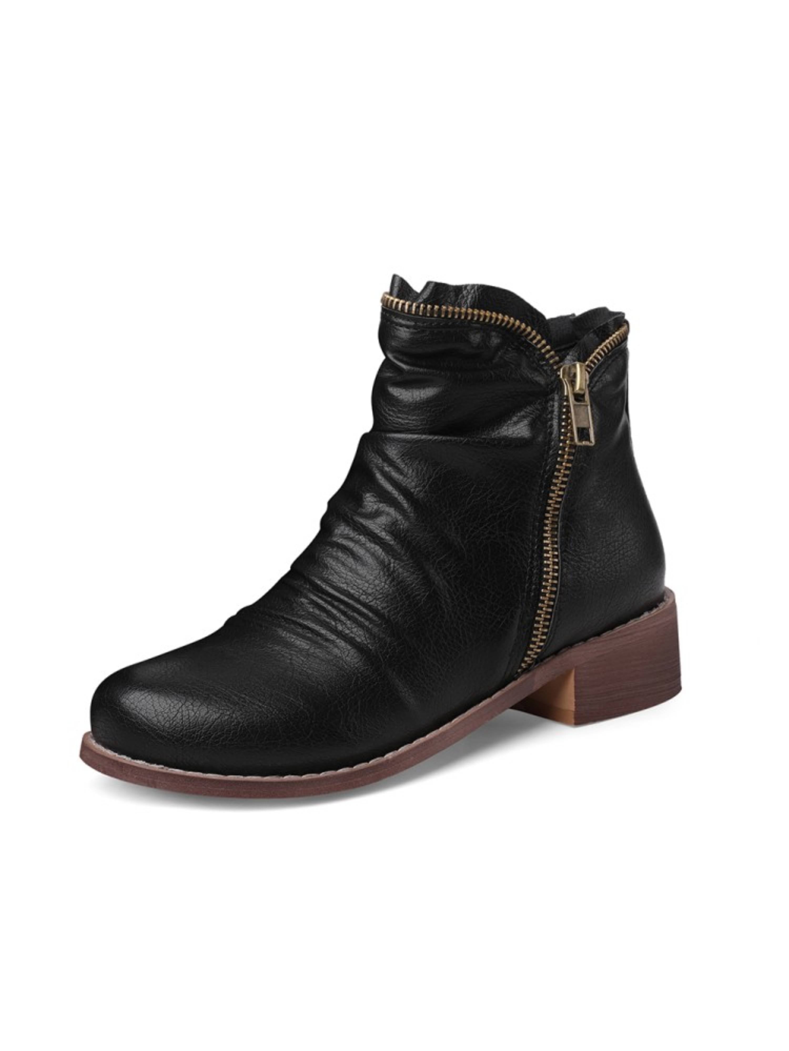 Wrinkled Low Heel Double Zip Western Boots