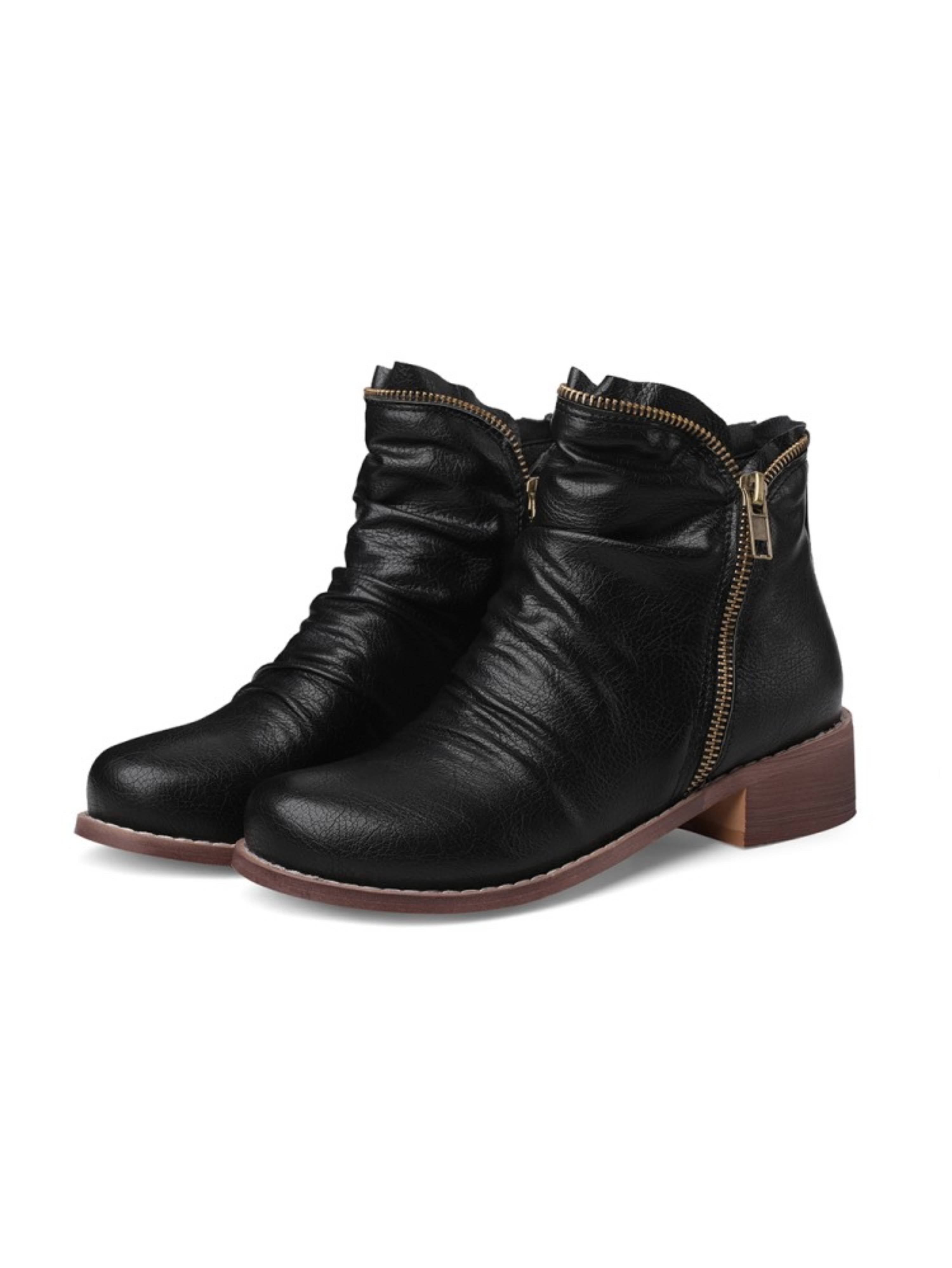Wrinkled Low Heel Double Zip Western Boots