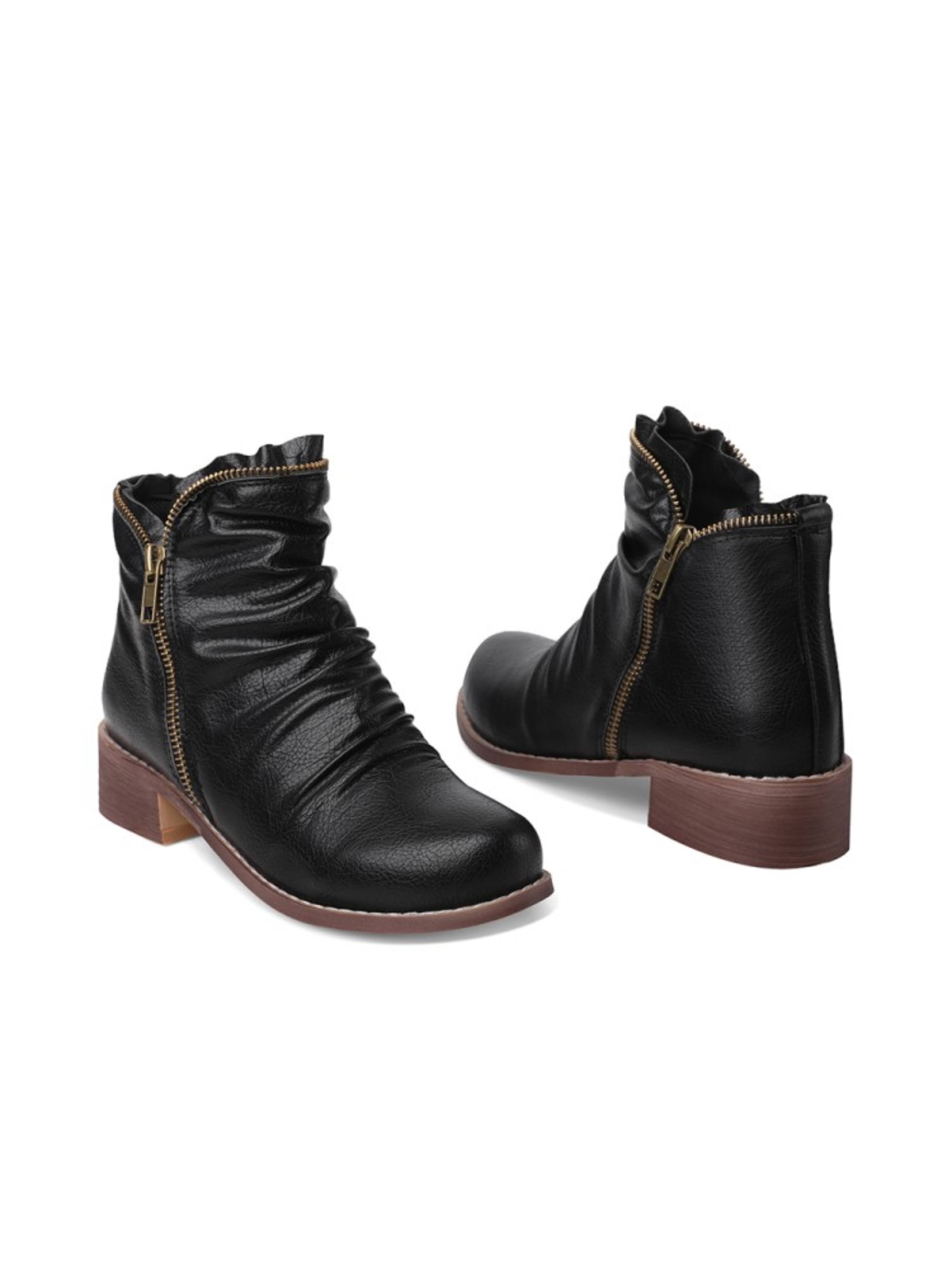 Wrinkled Low Heel Double Zip Western Boots