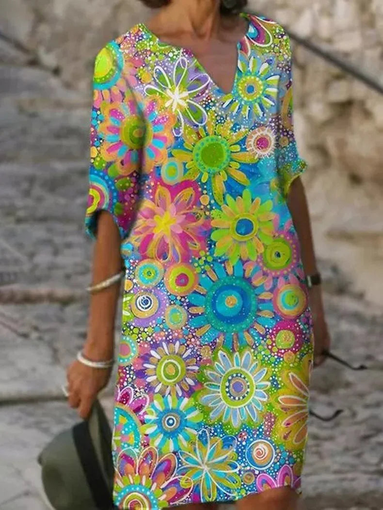 Floral V-Neck Short Sleeve Midi Dress