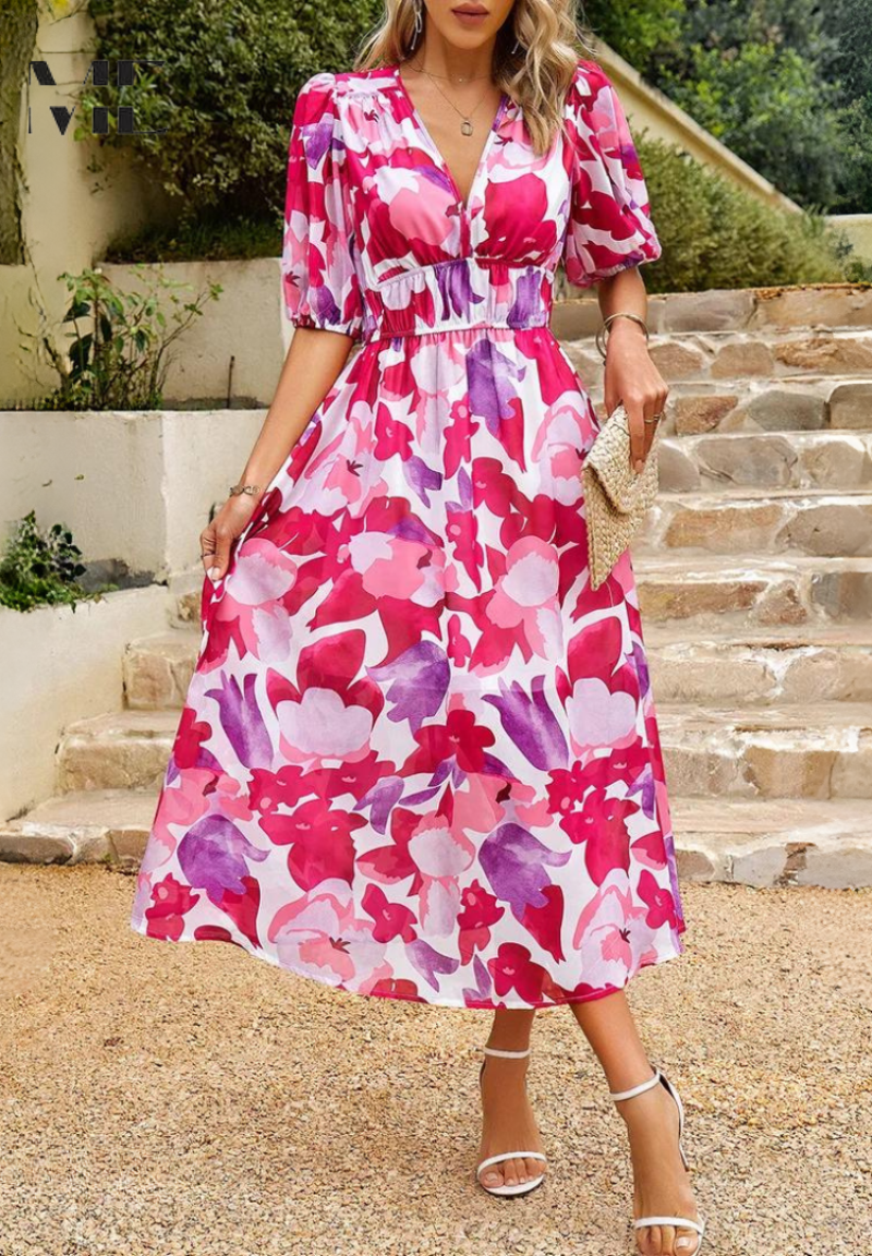 Floral Puff Sleeve Midi Dress