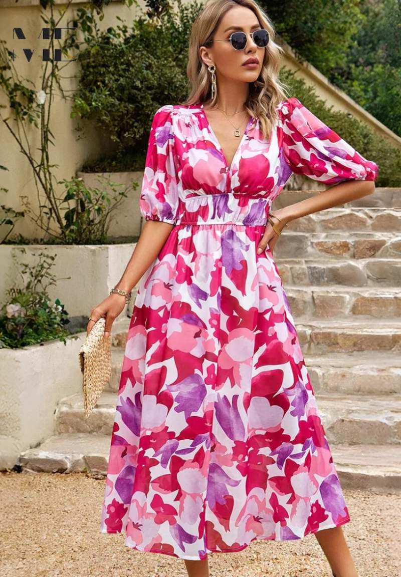 Floral Puff Sleeve Midi Dress