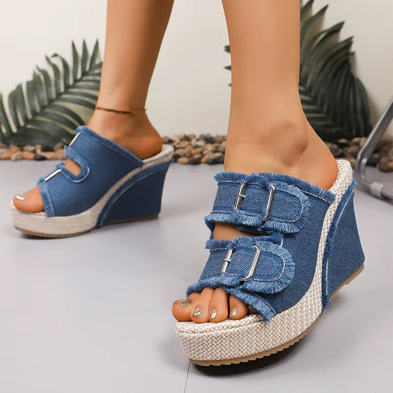 Women's Frayed Denim Double Buckle Wedge Slides