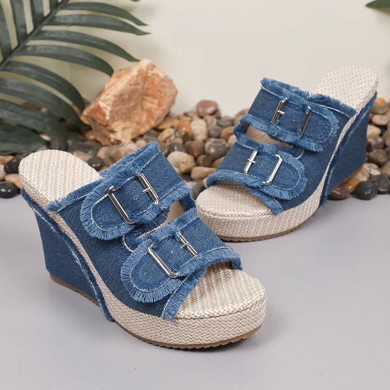 Women's Frayed Denim Double Buckle Wedge Slides