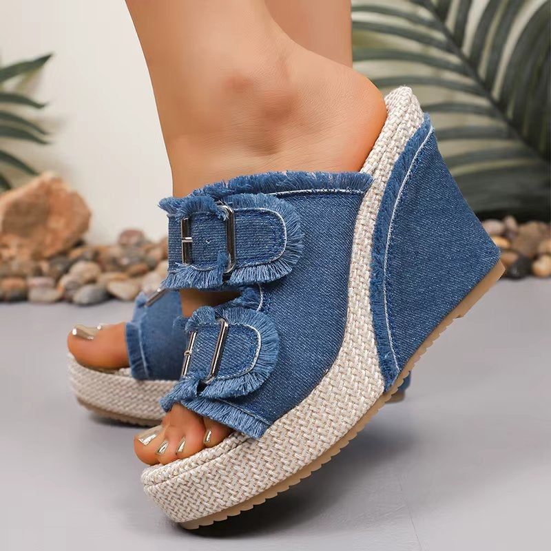 Women's Frayed Denim Double Buckle Wedge Slides