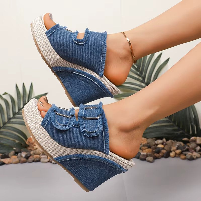 Women's Frayed Denim Double Buckle Wedge Slides