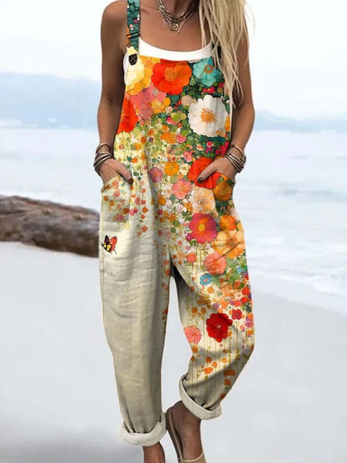 Vintage Floral Wide Leg Jumpsuit With Pockets
