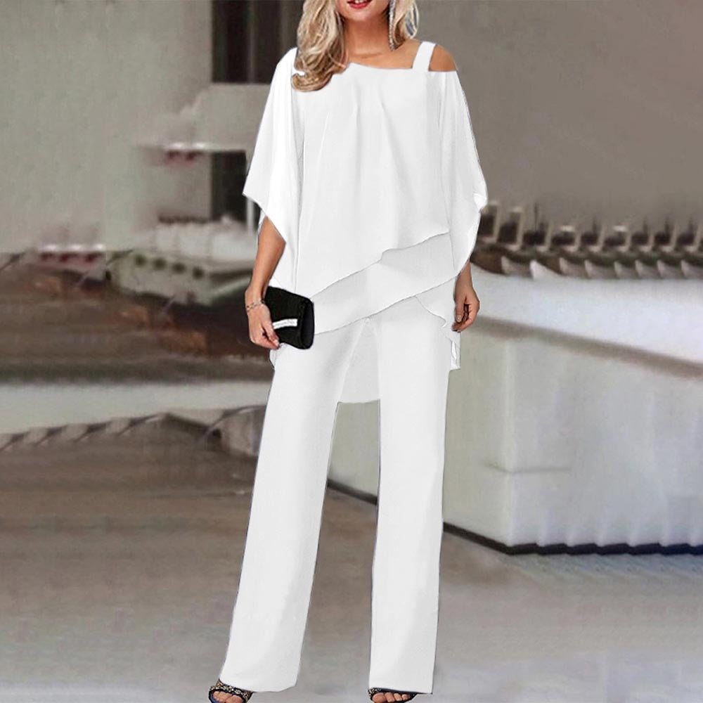 Women's Cold Shoulder Two-Piece Set With Wide-Leg Trousers